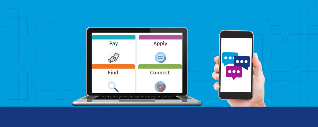 laptop and a hand holding a cell phone with the online services page on the screen